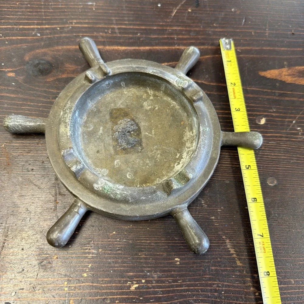 Solid Brass Ships Wheel Ashtray Tarnished